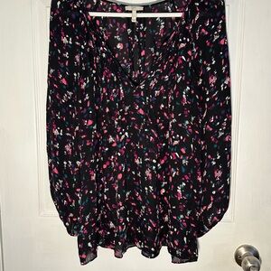 Joie 100% Silk Pintuck Detail Black Pink Print Boho Blouse - Size Large EUC